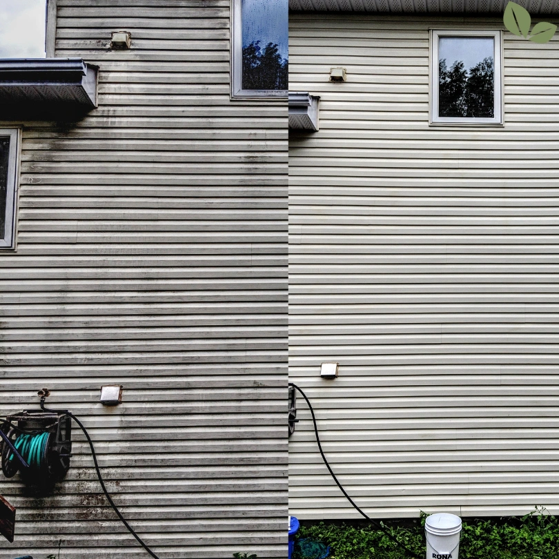 Before and after comparison of residential siding cleaned with professional soft washing service