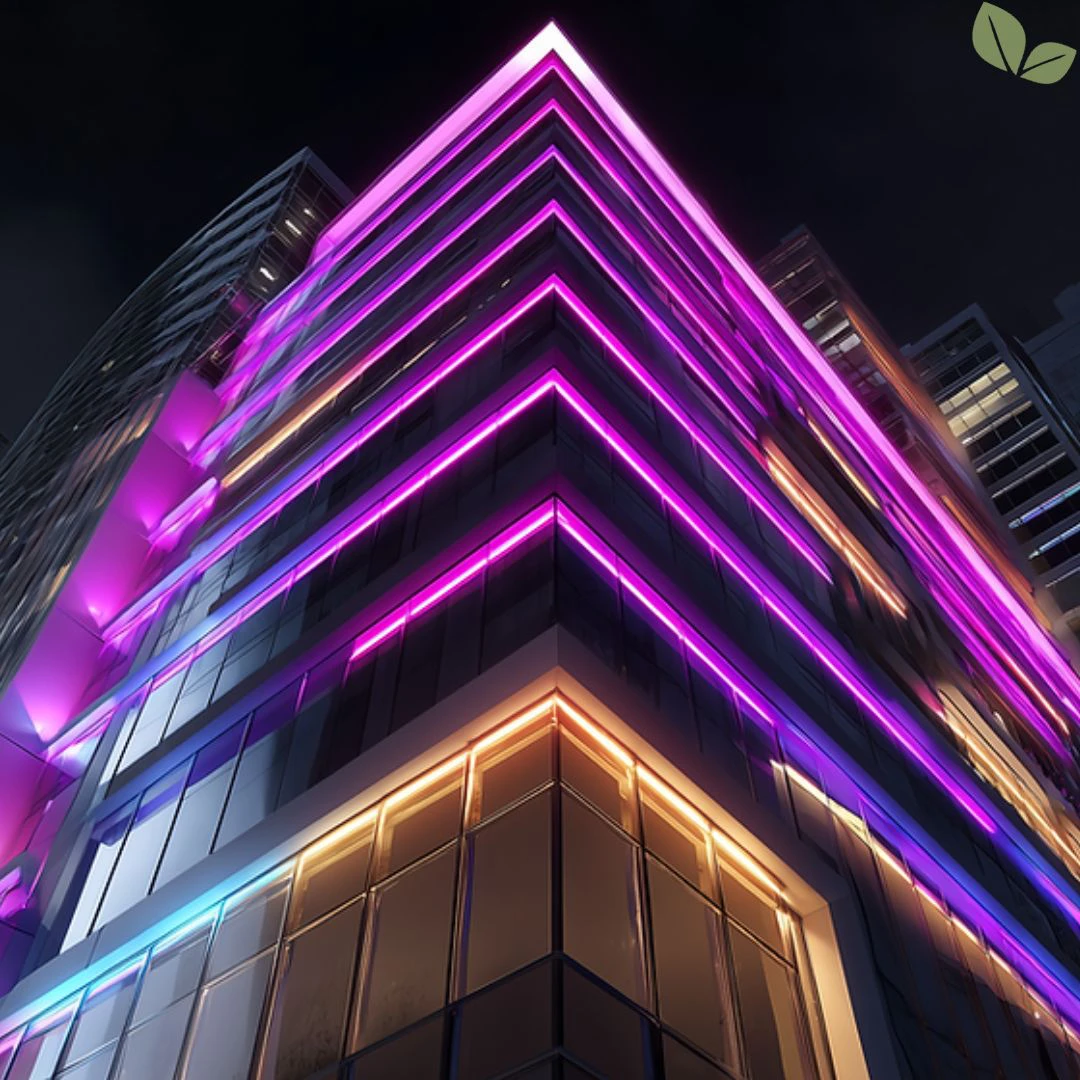 Commercial architectural LED lighting illuminating a modern high-rise building exterior at night