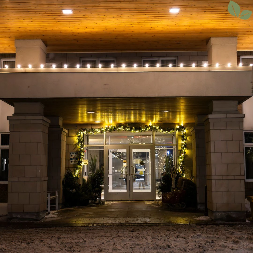 Commercial building entrance decorated with Christmas lights and garland at night