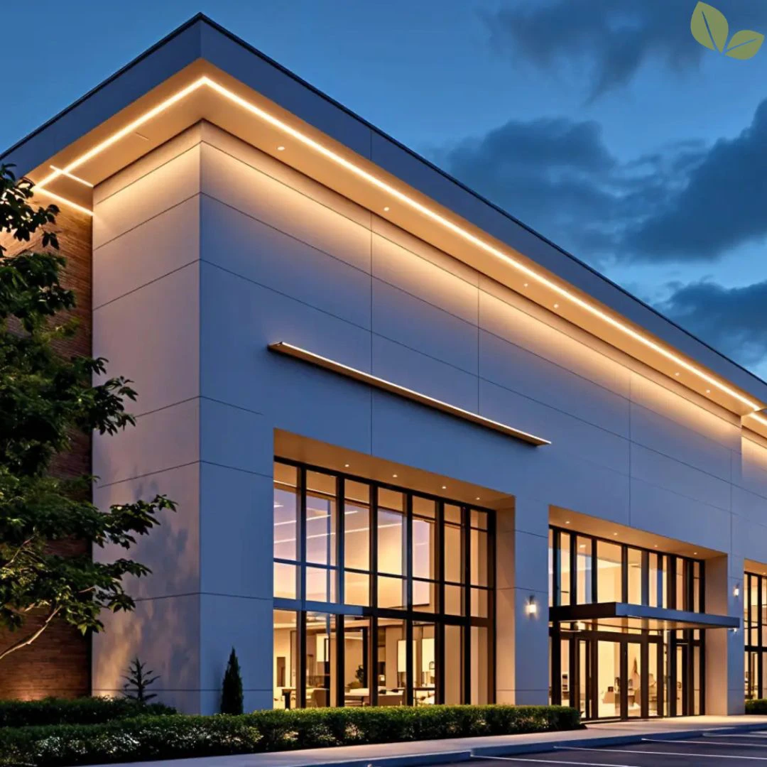 Commercial building exterior illuminated with warm architectural LED lighting along rooflines and facade at dusk