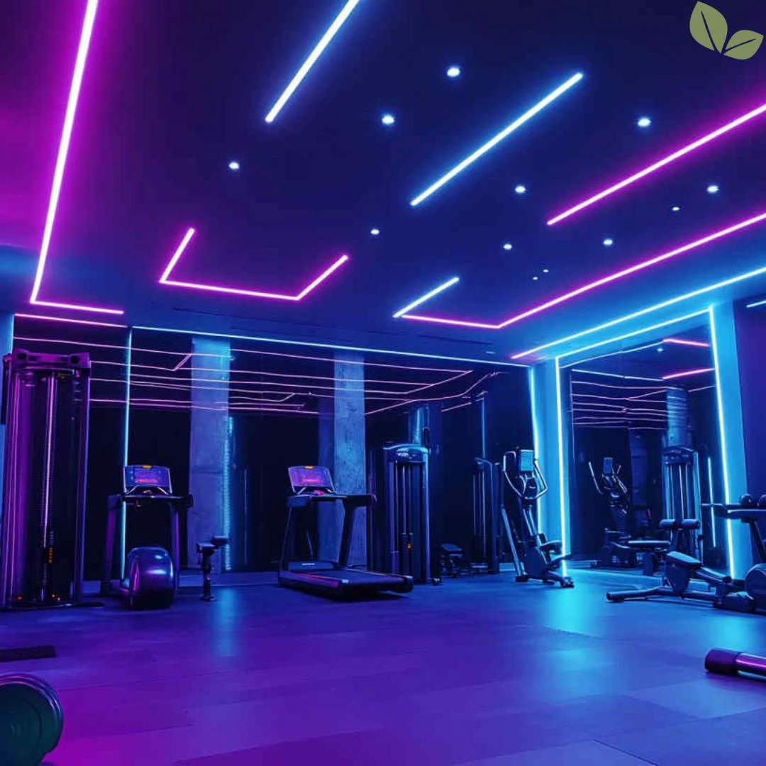 Commercial interior LED lighting illuminating a modern gym with ceiling light strips and fitness equipment