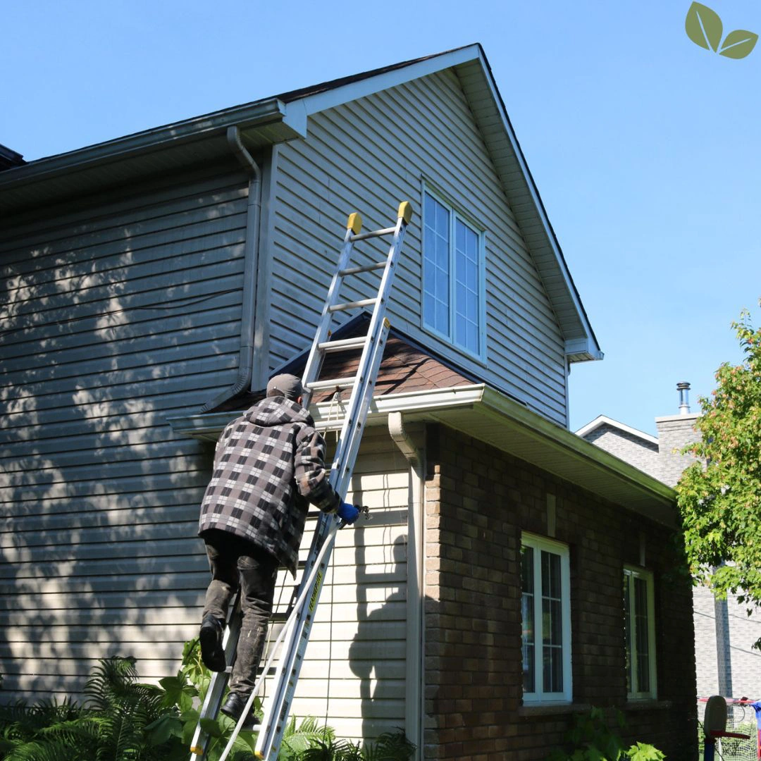 Technician accessing residential roof for roof soft wash service