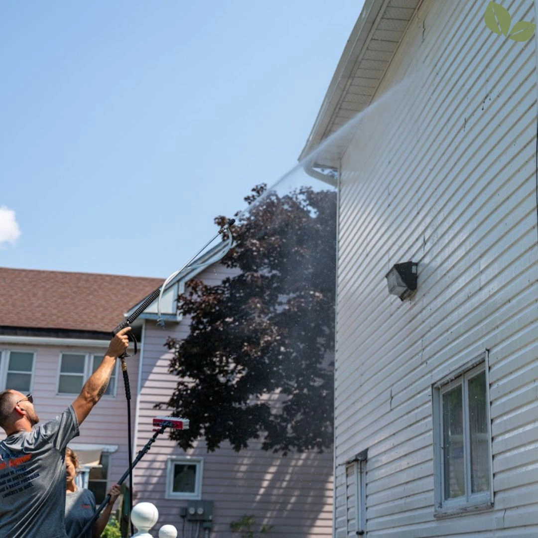 Technicians performing residential soft wash on house siding and roofline