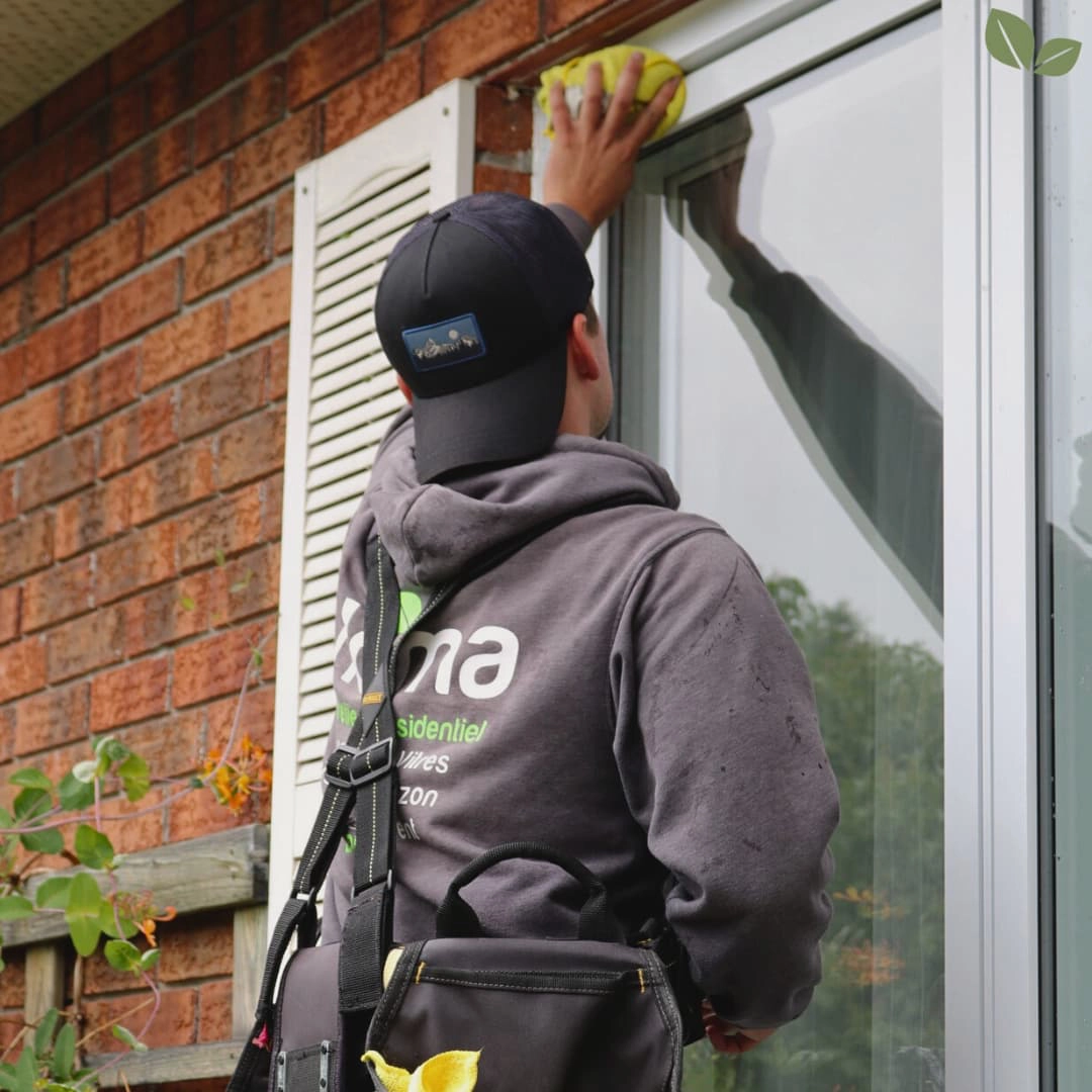 Homa technician hand-cleaning residential exterior windows using professional tools