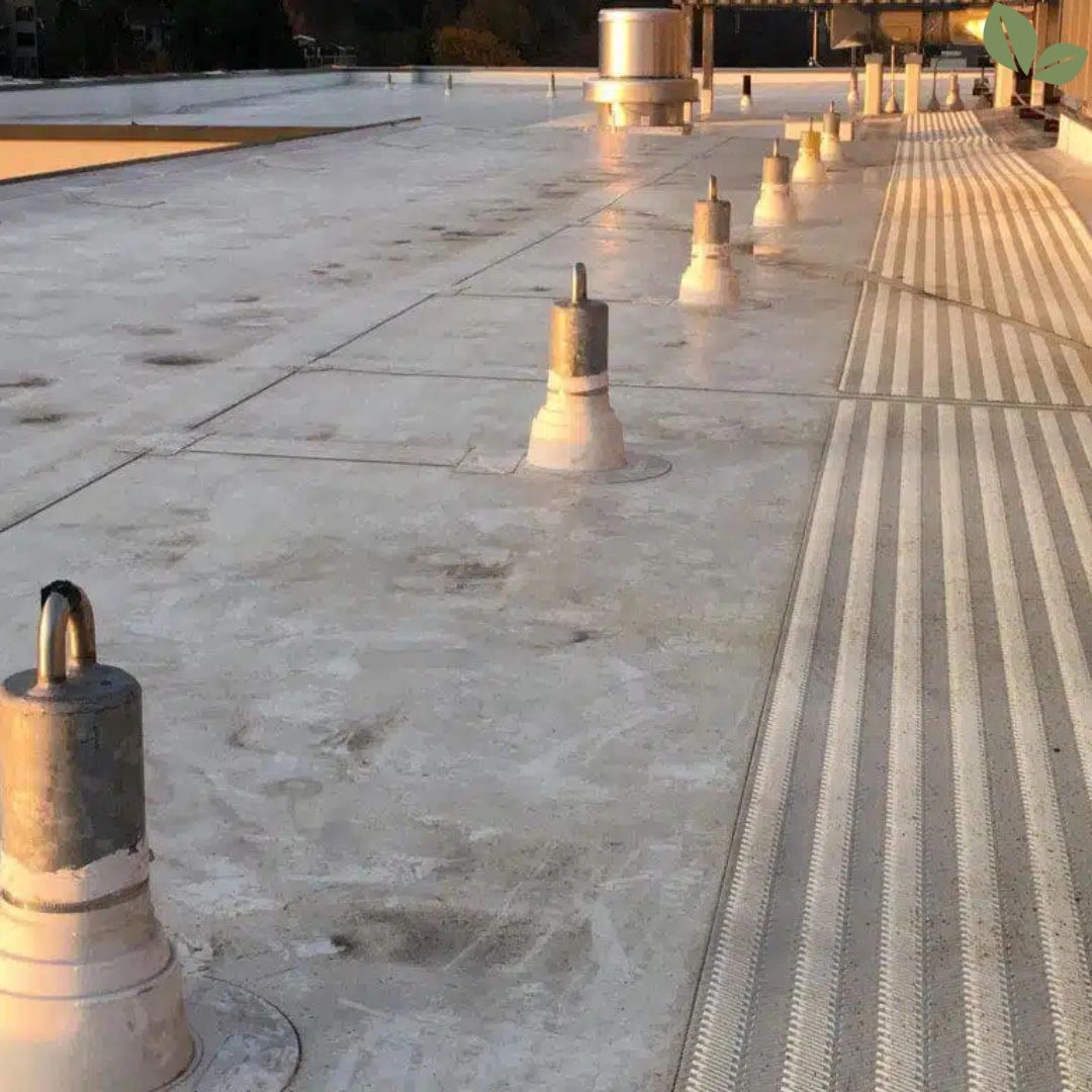 Commercial rooftop fall protection anchors installed for worker safety and lifeline systems