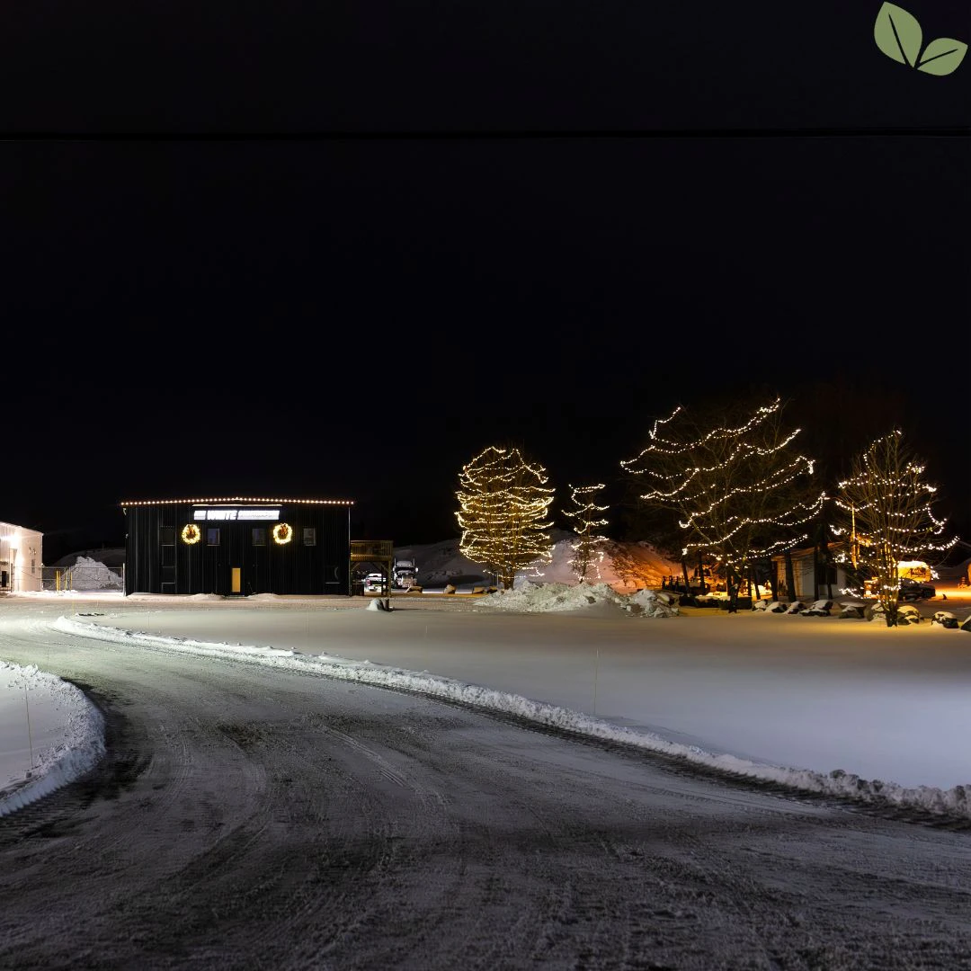 Commercial Christmas lighting on an industrial property with roofline lights and illuminated trees at night