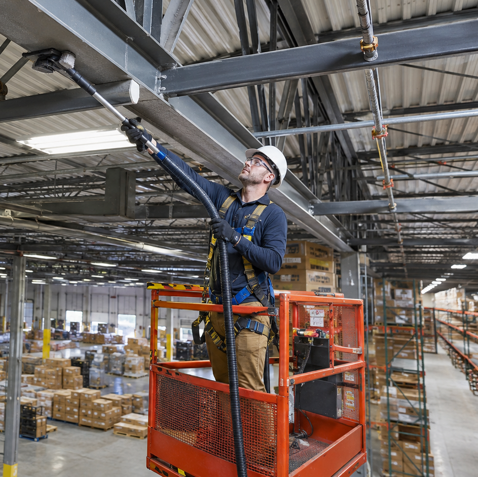 Worker performing high dusting on elevated beams inside a warehouse.