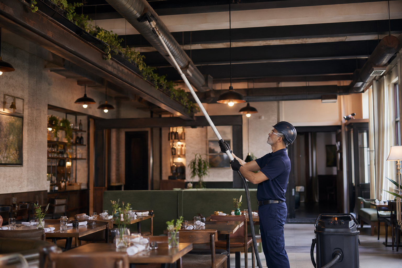 Worker cleaning exposed ceiling ducts inside a restaurant using high dusting equipment.