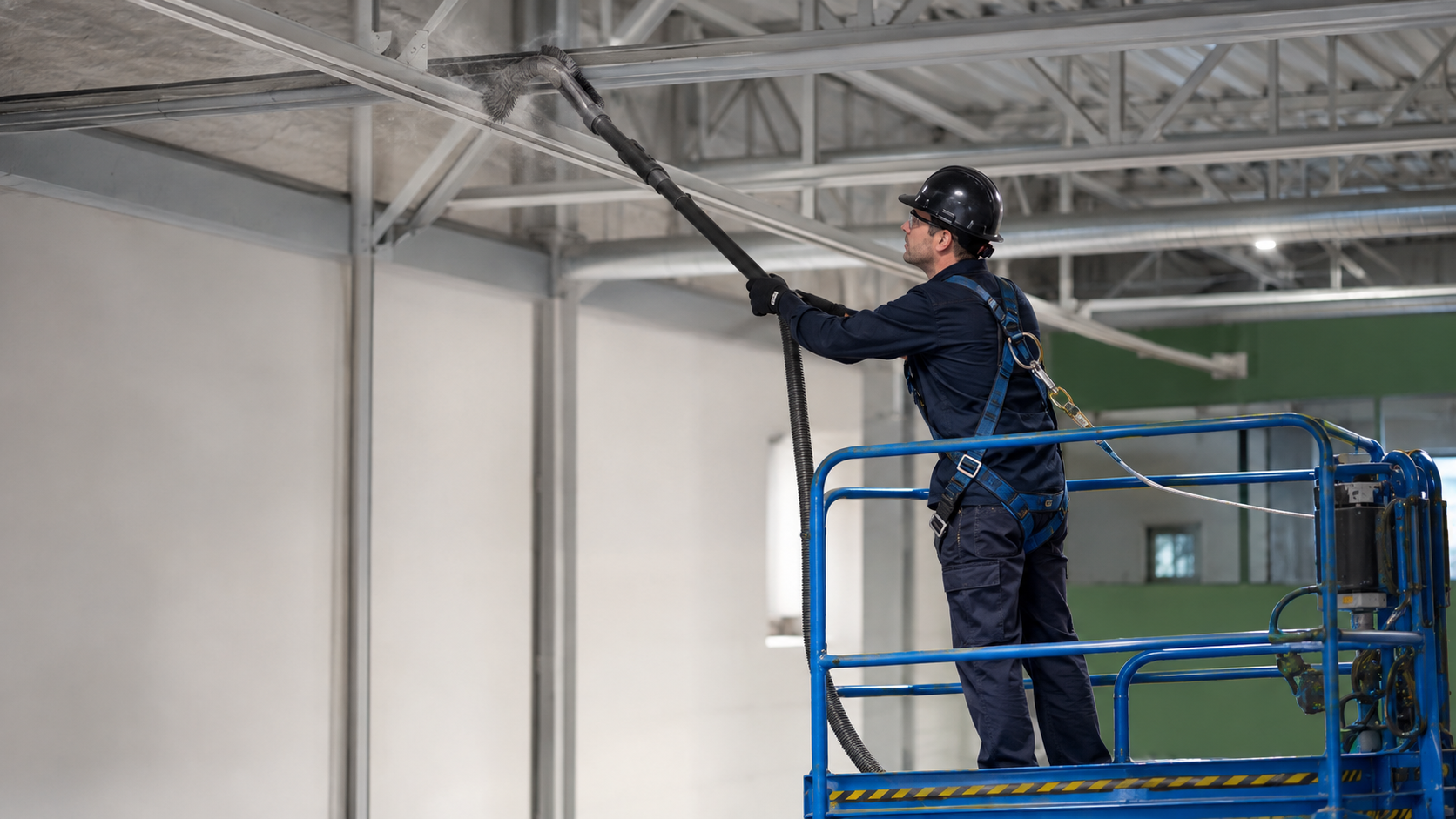 Worker removing dust from elevated beams inside an industrial building.